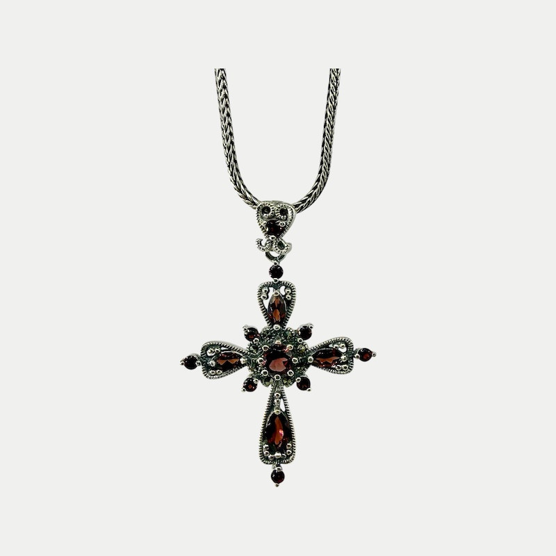 Pendentif argent croix grenat marcassite