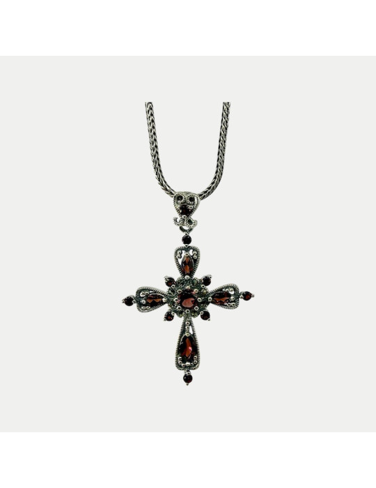 Pendentif argent croix grenat marcassite