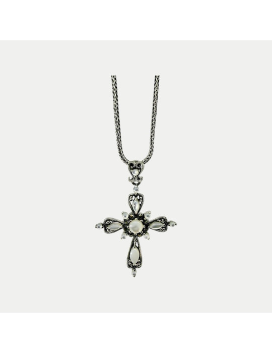Pendentif argent croix nacre marcassite