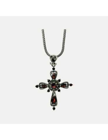 Pendentif argent croix grenat marcassite