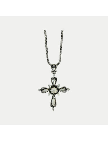 Pendentif argent croix nacre marcassite