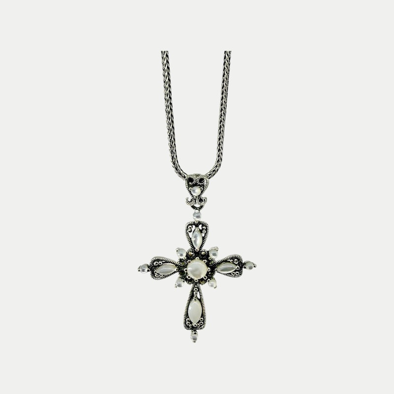 Pendentif argent croix nacre marcassite